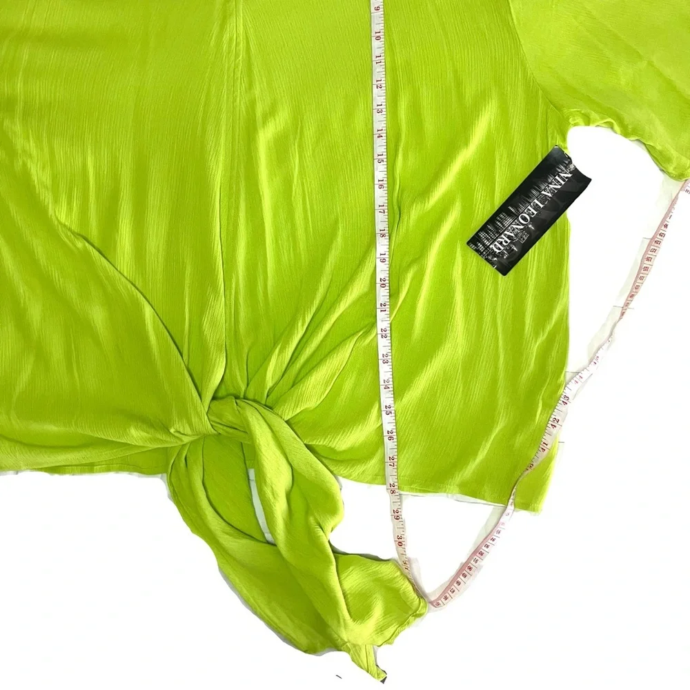 Nina Leonard Plus Size Lime Green V-Neck Tie Front Blouse - Picture 5 of 9